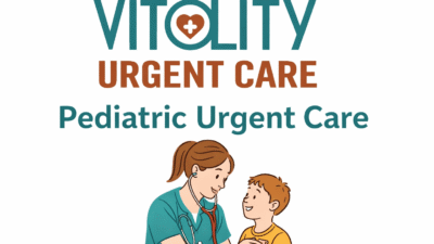 Pediatric urgent care graphic with Vitality Urgent Care logo showing a clinician caring for a child, representing fast and gentle care for kids.