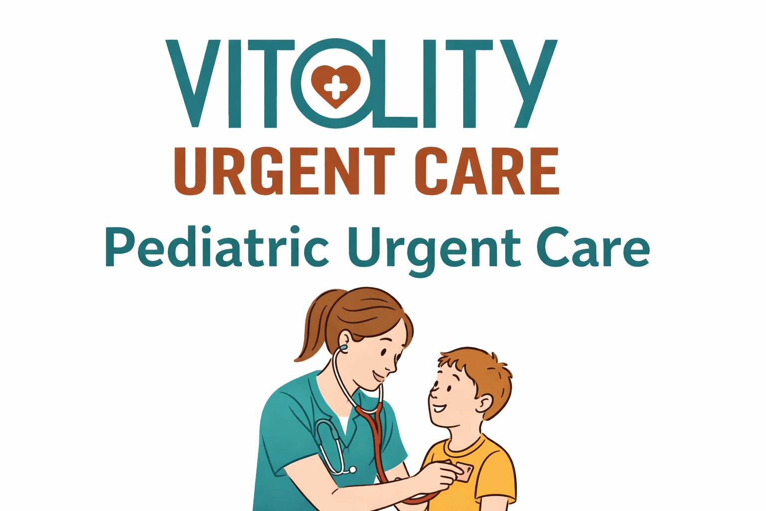 Pediatric urgent care graphic with Vitality Urgent Care logo showing a clinician caring for a child, representing fast and gentle care for kids.