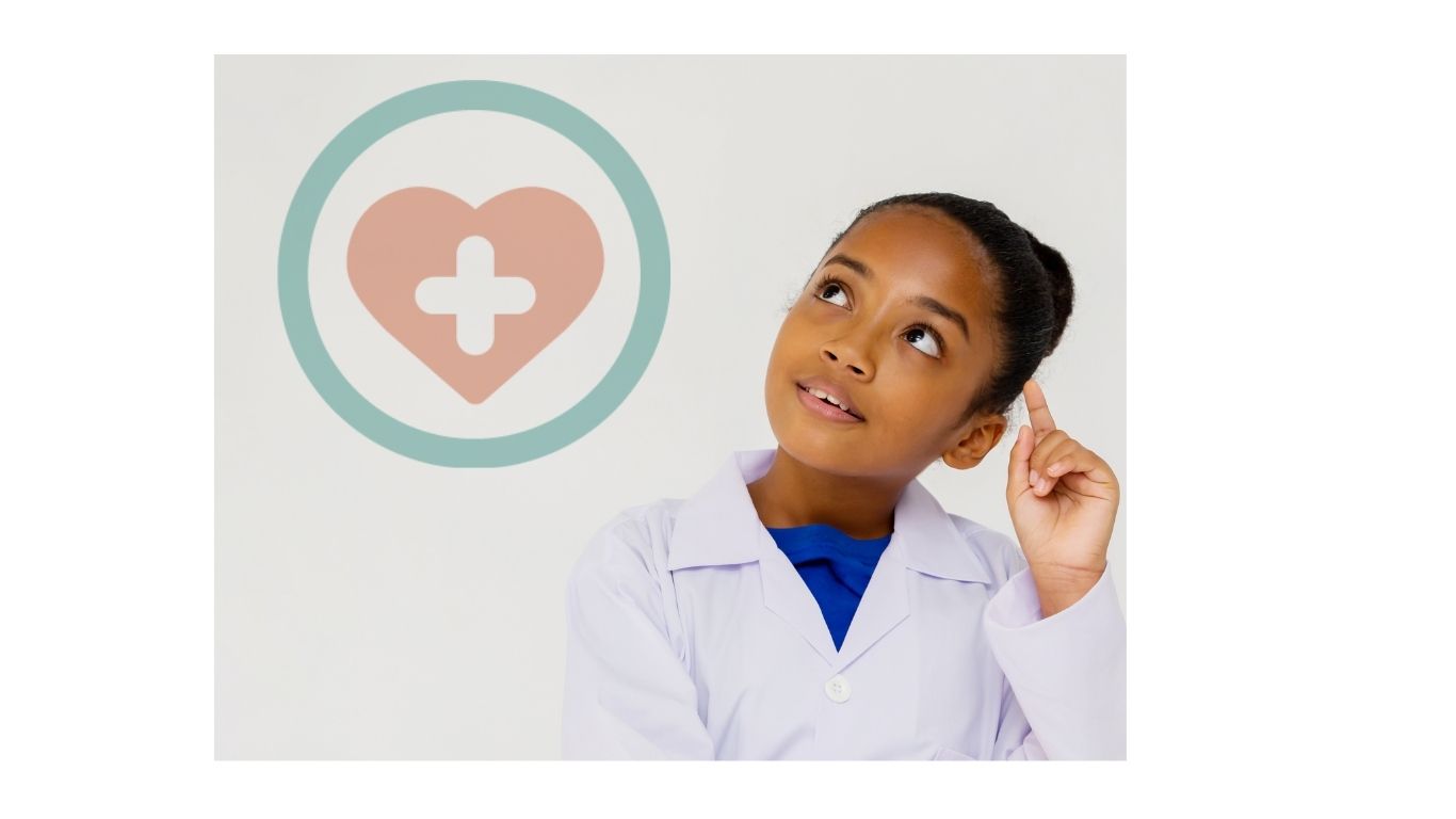 Child in lab coat looking at medical heart symbol representing pediatric urgent care services at Vitality Urgent Care