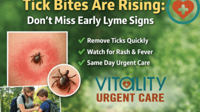 Tick bite awareness image showing rash, tick close-up, and message about early Lyme disease signs with Vitality Urgent Care logo