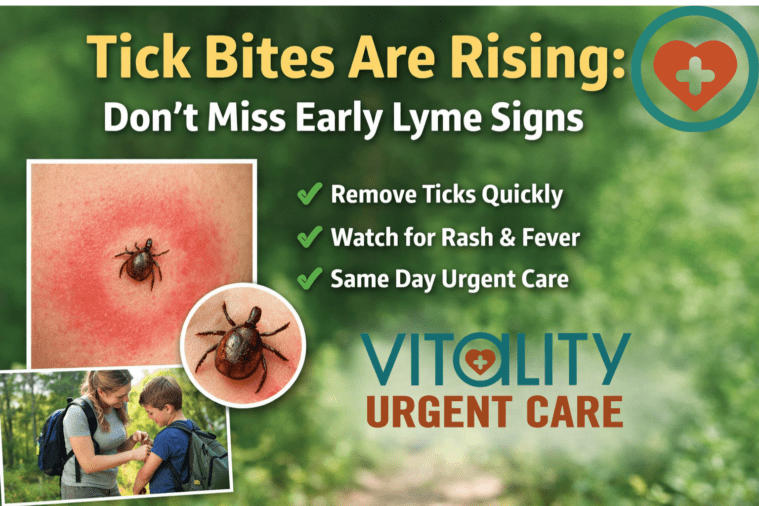 Tick bite awareness image showing rash, tick close-up, and message about early Lyme disease signs with Vitality Urgent Care logo