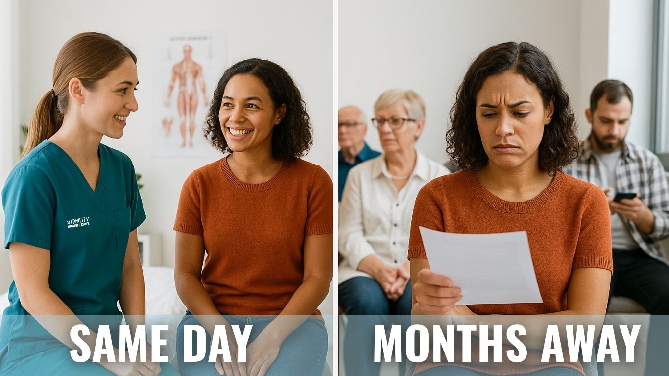 Woman smiling with a provider at Vitality Urgent Care labeled “Same Day” compared to the same woman frustrated in a crowded specialist waiting room labeled “Months Away.”