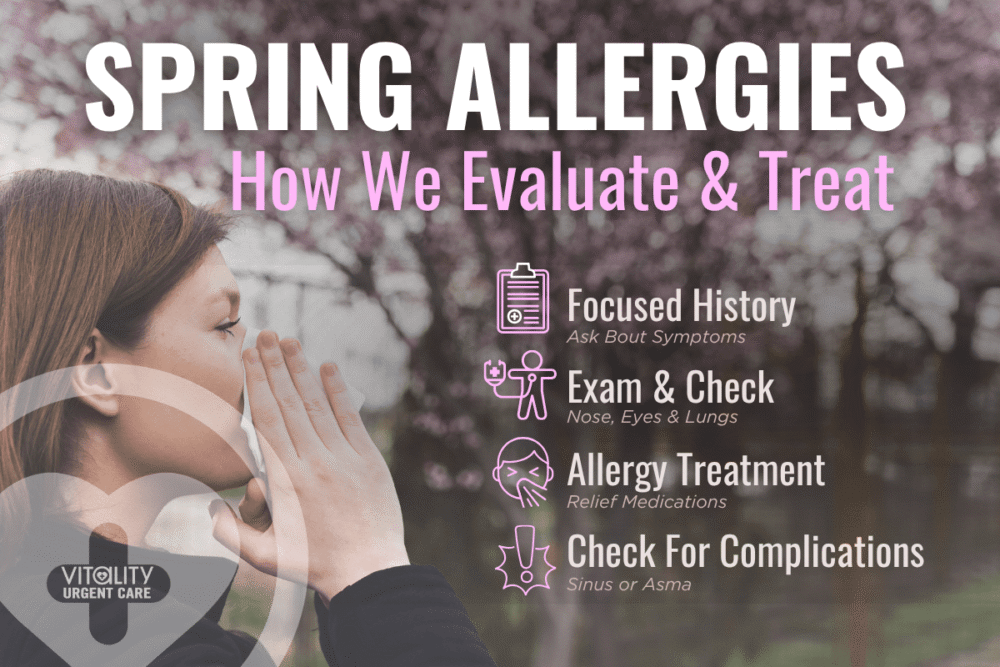 Spring allergies evaluation and treatment at urgent care showing provider exam, allergy symptoms, medications, and complications