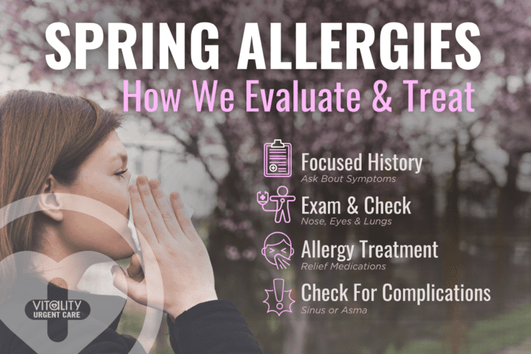 Spring allergies evaluation and treatment at urgent care showing provider exam, allergy symptoms, medications, and complications